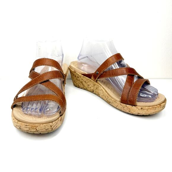 CROCS A-Leigh Leather Cork Slide Sandals Platform Wedge Caramel Brown Sz 9 - Picture 1 of 11